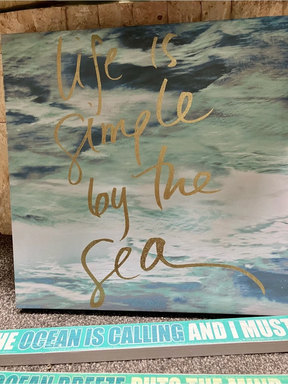 Coastal Ocean Beach Wall Art Set in Aqua Teal Gold w/ 3 Wooden Desk Plaques